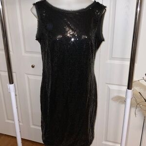 CYNTHIA ROWLEY SIZE 12 BLACK SEQUINED DRAPE BACK SLEEVELESS DRESS